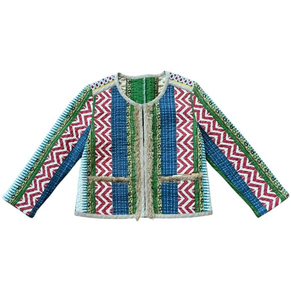 Cropped Boho chic round neck quilted colorful fringed jacket x small - Picture 2 of 12